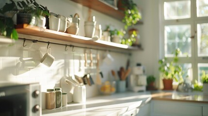 Sunlit kitchen interior with wooden shelves, plants, and utensils.