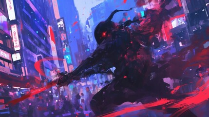 Obraz premium A mysterious figure with glowing red eyes lurking in the shadows of a bustling city street.