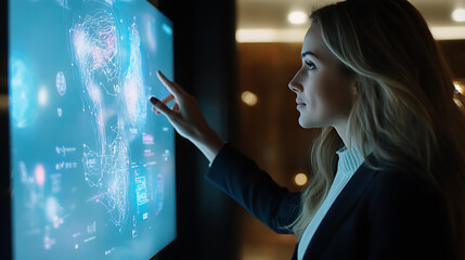 A female leader presenting innovative ideas to her team using a touchscreen display 