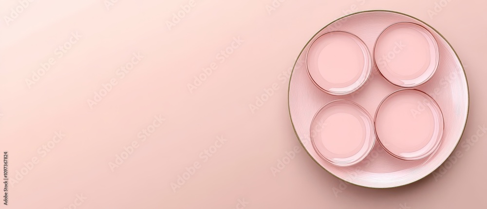 Poster Minimalistic flat lay of four pink circular objects on a pastel background with subtle gradients creating a soft and geometric abstract composition