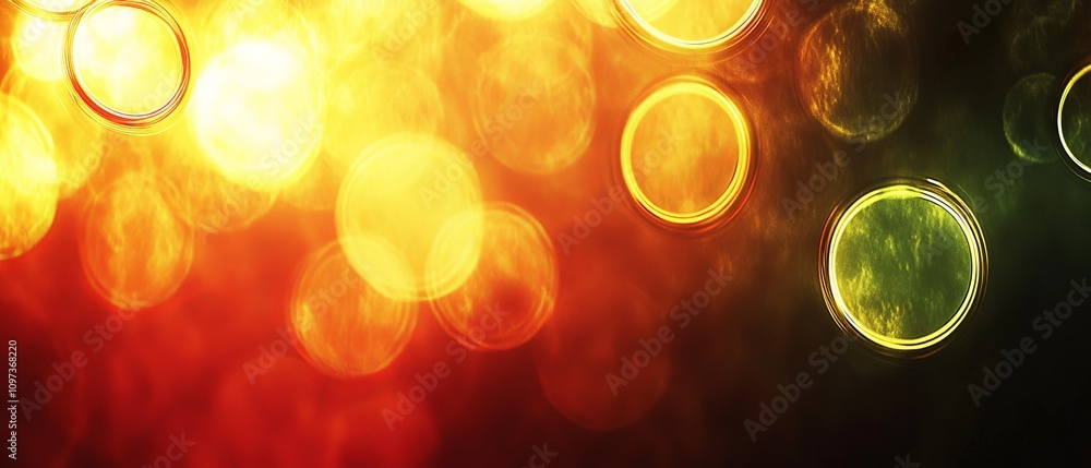 Poster bright and cheerful abstract bokeh with glowing circular lights in golden and green tones evoking a 
