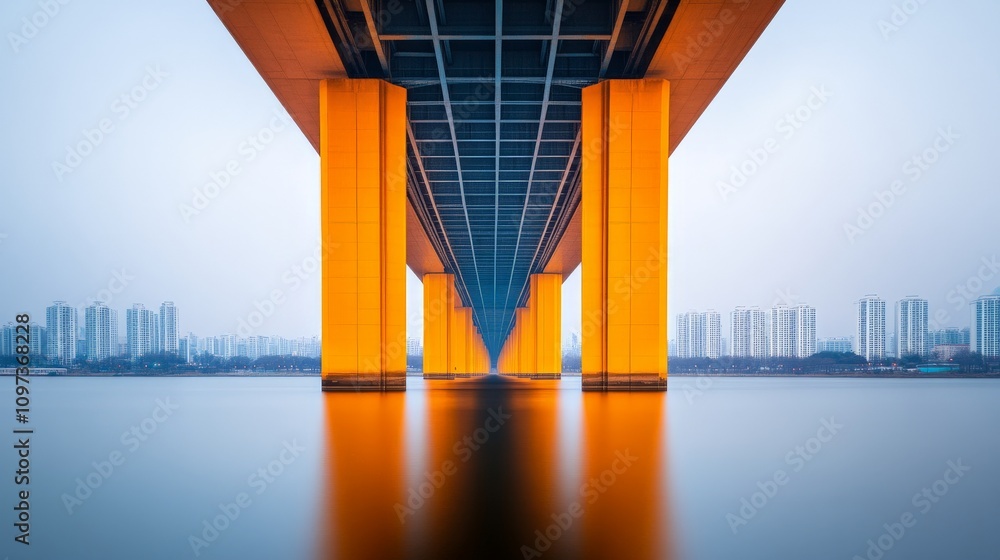 Aufkleber underneath the bridge: a mesmerizing view of a bridge's underside, with its sturdy columns and intri