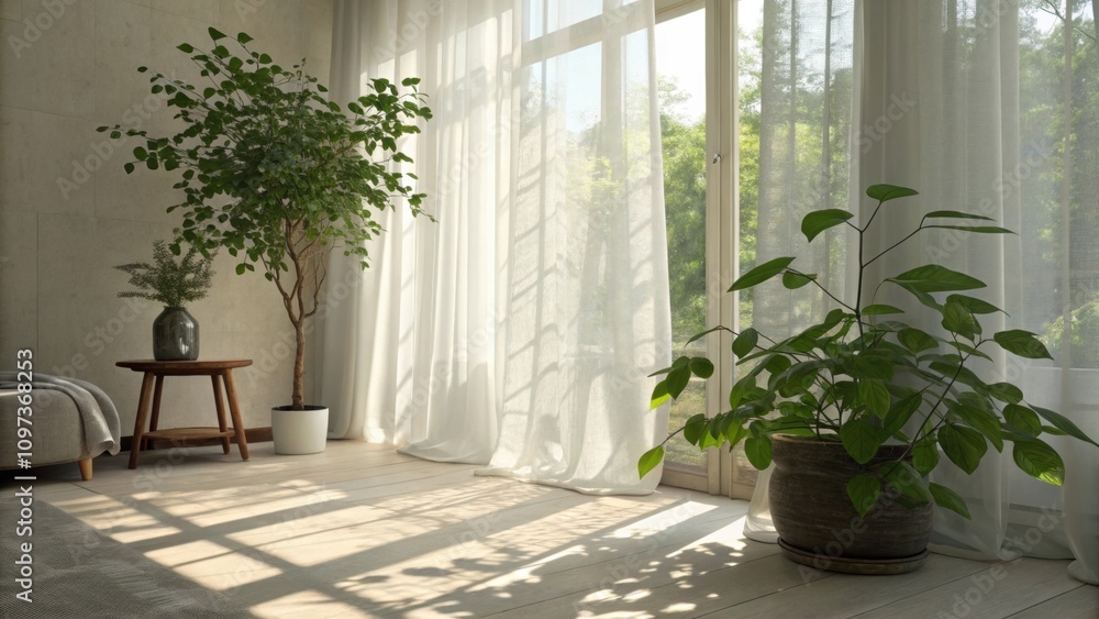 Aufkleber soft rays filter through translucent curtains casting delicate shadows across the room. bright green
