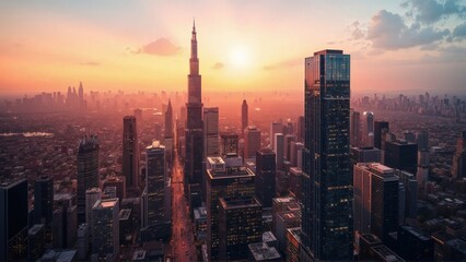 Fototapeta premium Generative AI, Golden Hour Skyline over a Modern Metropolis