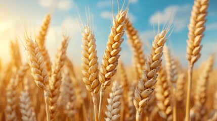 Golden Wheat Field at Sunset: A close-up of ripe wheat stalks bathed in the warm glow of the setting sun, with a blue sky and fluffy clouds as a backdrop. The image evokes feelings of peace.