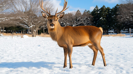 Fototapeta premium Majestic deer standing in a snowy landscape, winter wildlife scene, natural outdoor beauty