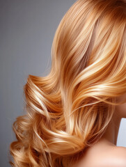 Fototapeta premium Close-up of shiny blonde hair with soft curls, vibrant and healthy texture, professional hairstyle