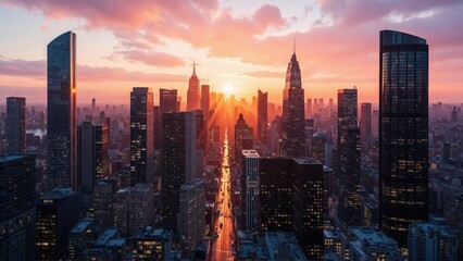 Obraz premium Generative AI, Golden Hour Skyline over a Modern Metropolis