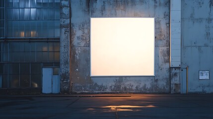 Illuminated Blank Billboard on Weathered Building Wall