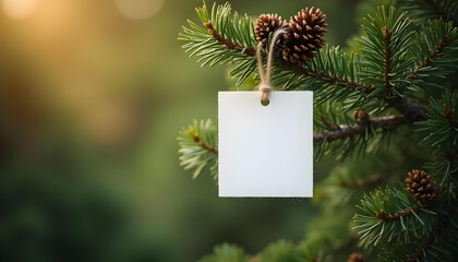 Obraz premium blank tag hanging on pine tree branch with pine cones, surrounded by natural greenery, evokes sense of tranquility and connection to nature