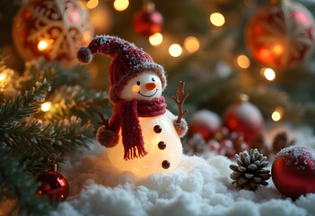 cheerful snowman with red hat and scarf stands amidst festive decorations, surrounded by snow, pine cones, and glowing lights, creating warm holiday atmosphere