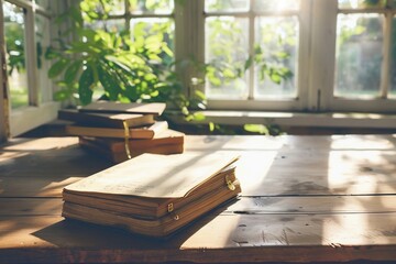 Sunlit wooden table with old books near window.
