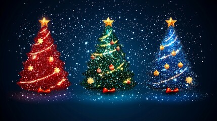 Obraz premium Nighttime Christmas scene with three glowing holiday trees illuminated by colorful lights in a snowy winter setting under a starry sky