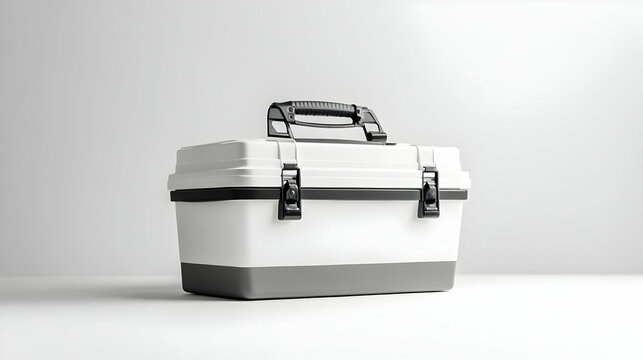 White plastic toolbox with black handle and latches on a white background.