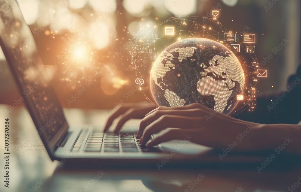 Poster person using laptop, global network connection visualized.