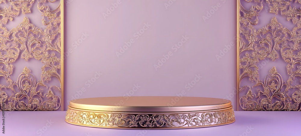 Poster a golden podium with intricate lace patterns, set against a soft lavender backdrop with empty space 
