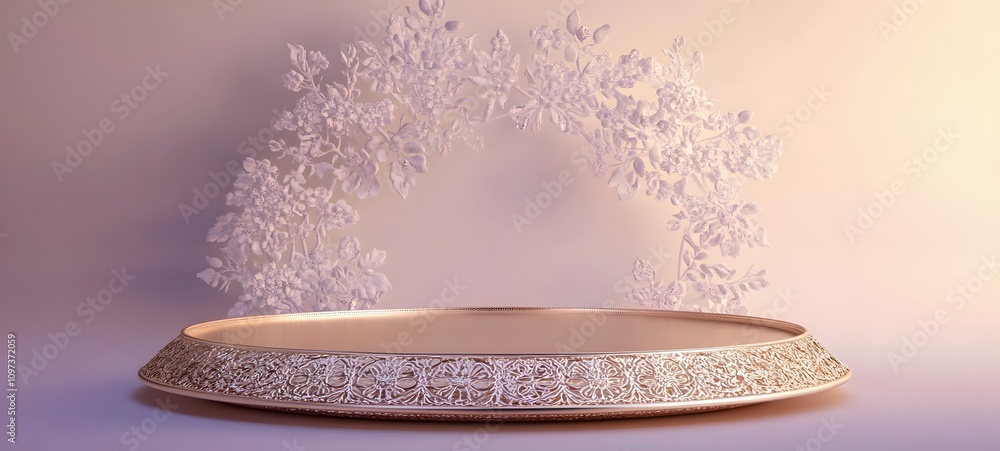 Poster a golden podium with intricate lace patterns, set against a soft lavender backdrop with empty space 