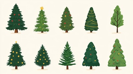 Fototapeta premium Assorted evergreen Christmas tree illustrations in varied shades of green with minimalist designs on an off white background highlighting festive diversity and simplicity
