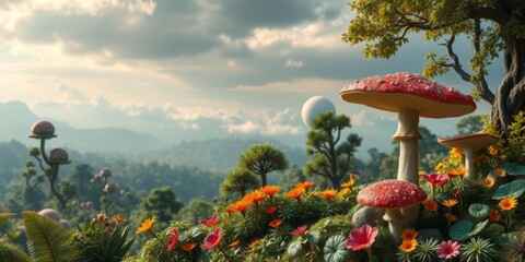 Fantasy alien landscape with giant mushroom on exotic planet, vibrant alien flora and forest in background, forest, alien