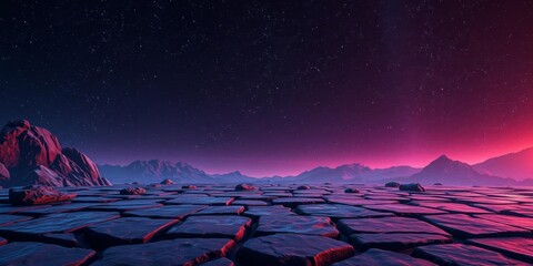 Fototapeta premium Fantasy alien planet landscape with cosmic purple rocks and neon stars, vector illustration for game banner, cosmos, banner