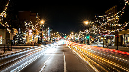 A long exposure shot of city streets at night, showcasing light trails from moving cars and illuminated buildings 