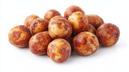 A pile of young potatoes isolated on a white background. The potatoes are fresh. They are casually stacked, with some overlapping each other. The lighting is soft and even, highlighting their natural 
