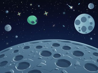 Fantasy illustration of alien planets and meteors on moon surface with stars, comets, asteroids in dark sky, vector, fantasy