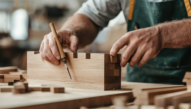 Woodwork Furniture Technique Concept. A craftsman carefully measures and marks wood while working on a woodworking project in a workshop filled with tools and wooden pieces.