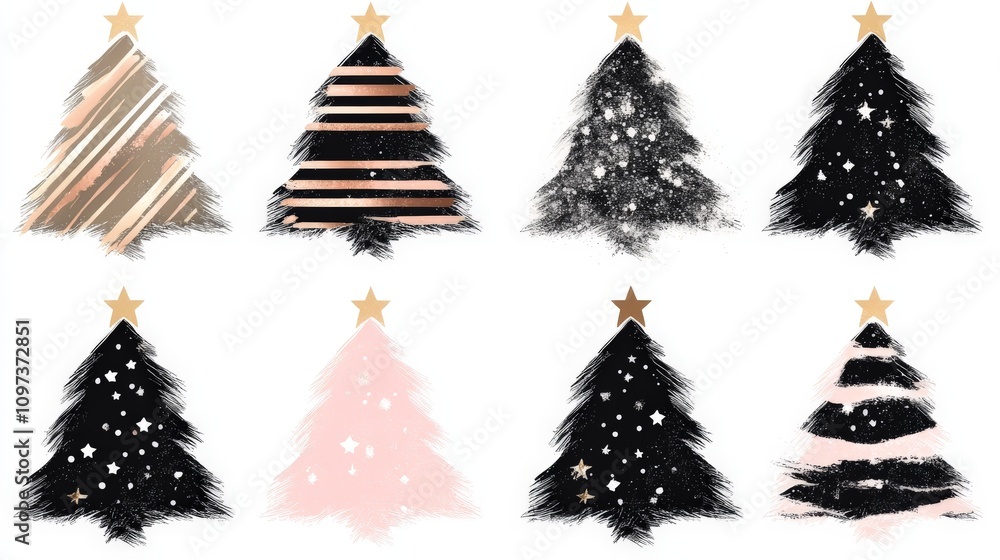 Poster artistic collection of stylized christmas trees with diverse textures including scribbled lines and 