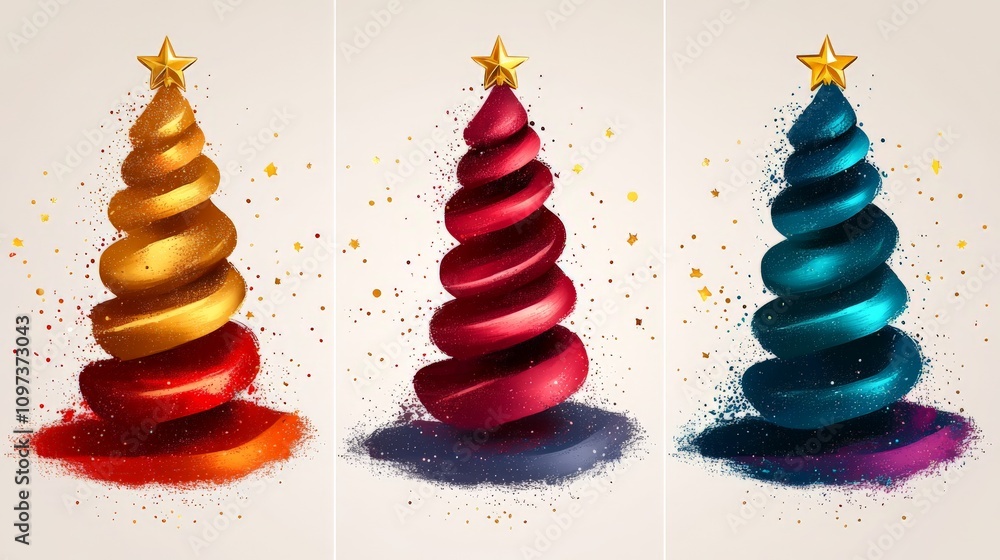 Poster spiral shaped christmas trees in bold gradient hues of red and blue with glowing sparkles creating a