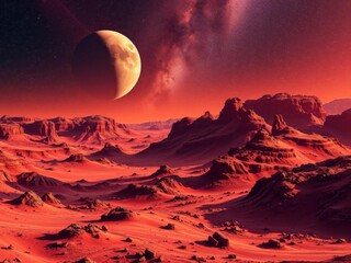 Fantasy space planet landscape with starry sky, meteorite moon, and red mars, adventure, meteorite