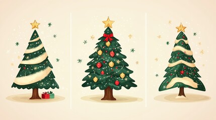Classic Christmas tree illustrations with colorful ornaments candy canes and star toppers emphasizing traditional holiday charm and cheerful celebration