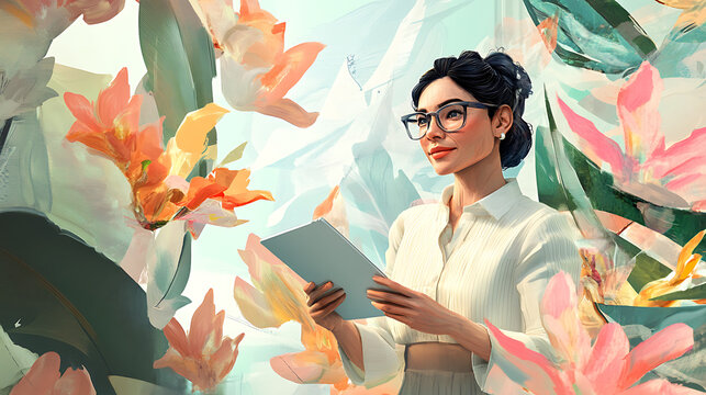 A professional woman leading a collaborative discussion with a mix of digital and paper tools 