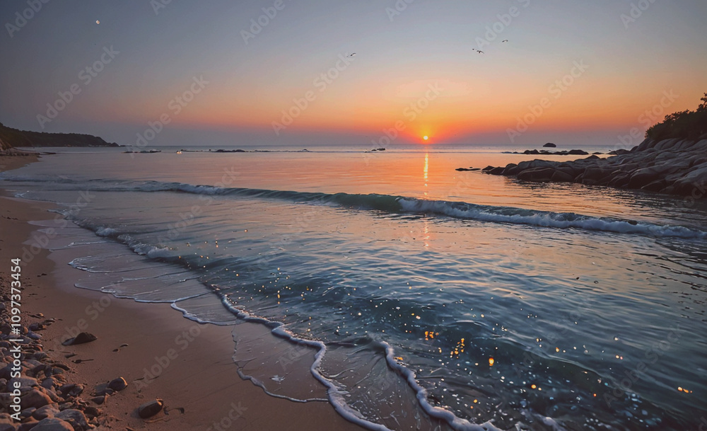 Poster the ocean is calm and the sun is setting, creating a beautiful and serene atmosphere. the water is a