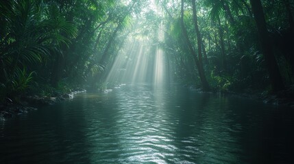Obraz premium Tranquil River Flowing Through Dense Jungle with Sunlight Filtering Through Lush Green Canopy, Highlighting Serenity and Natural Beauty of Tropical Landscape