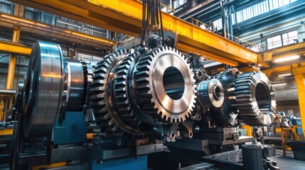 Obraz premium Heavy machinery factory, massive gears and engines being assembled, industrial crane overhead 