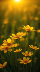 Obraz premium Close-up shot of isolated yellow flowers in a field, flora, spring, petal, nature, macro