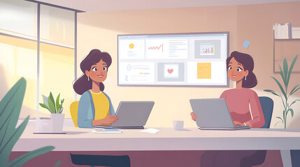 A woman facilitating a collaborative session with laptops, notes, and screens in a sleek office 