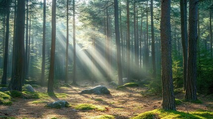Obraz premium Sunlight filtering through a serene forest landscape.