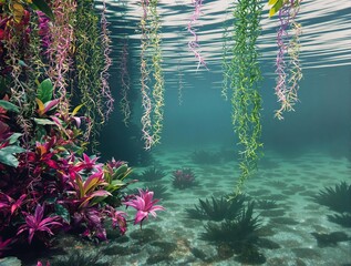 Obraz premium Colorful aquatic plants floating on the surface of a pond, water lilies, peaceful atmosphere., natural scenery, pond life