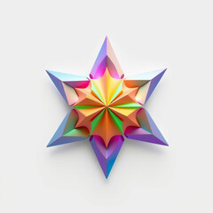 Colorful origami star with vibrant colors and sharp edges displayed against a bright white background, paper craft, origami boze narodzenia