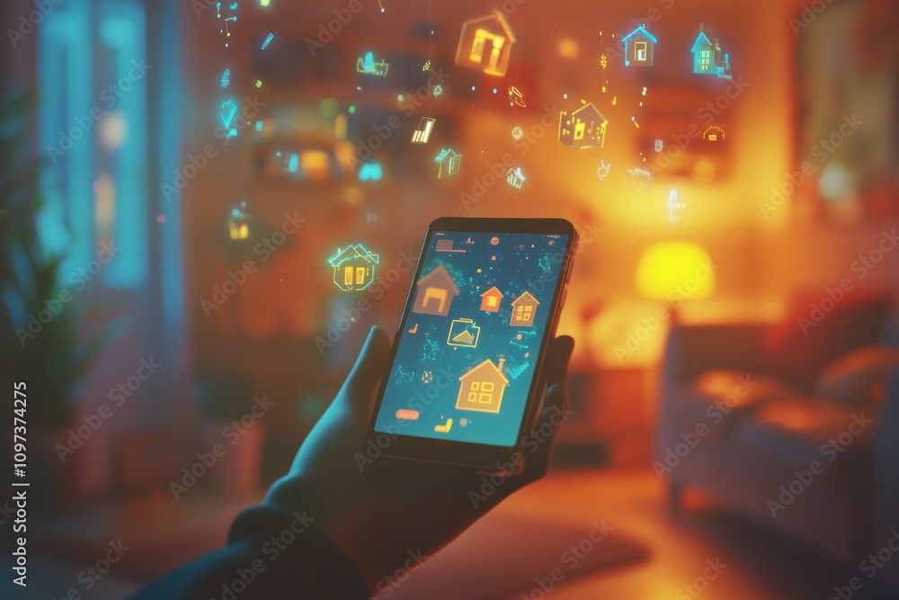 Poster smart home control via smartphone app interface.