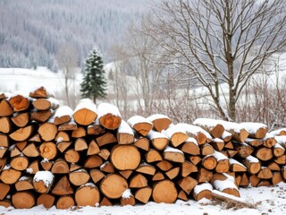 Freshly cut and stacked firewood in a picturesque European forest setting, energy, logs