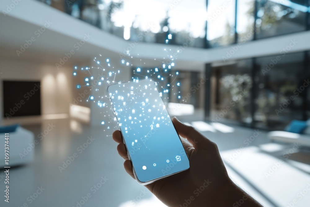Poster smart home control via smartphone app, network connection visualized.