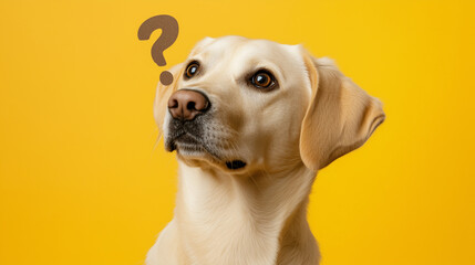 犬の不思議そうな顔のクローズアップと疑問符をシンプルな背景に描いたAI生成画像