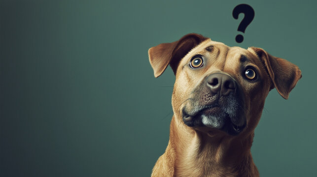 犬の不思議そうな顔のクローズアップと疑問符をシンプルな背景に描いたAI生成画像