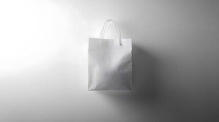A White Paper Shopping Bag Hangs Against A White Wall