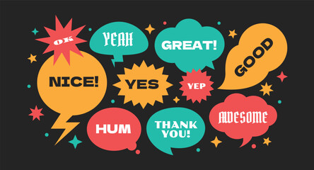 Colorful bubble stickers collection Speech bubbles patch tag label hipster y2k style