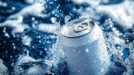 Refreshing Drink Can in Splashing Water Cool Summer Beverage