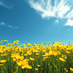 Fototapeta premium Delicate yellow wildflowers shining against a bright blue sky, floating, airy, ethereal, happiness